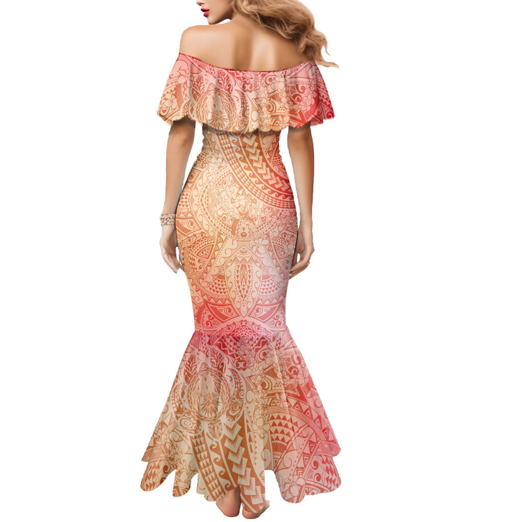 Hawaiian Turtles and Leis Mermaid Dress Tribal Kakau Pattern Peach Fuzz Color