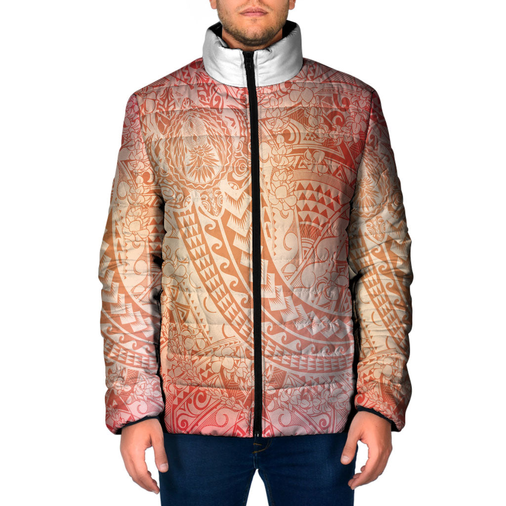Hawaiian Turtles and Leis Padded Jacket Tribal Kakau Pattern Peach Fuzz Color