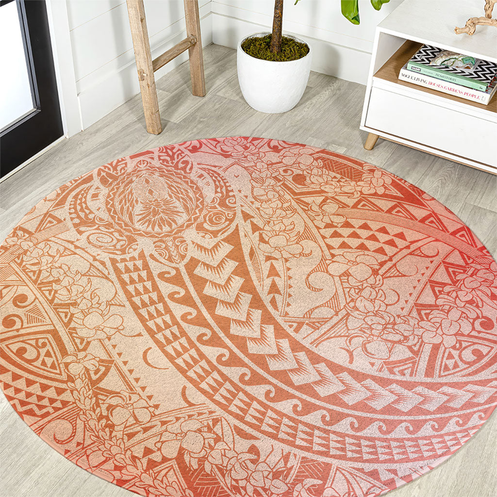Hawaiian Turtles and Leis Round Carpet Tribal Kakau Pattern Peach Fuzz Color