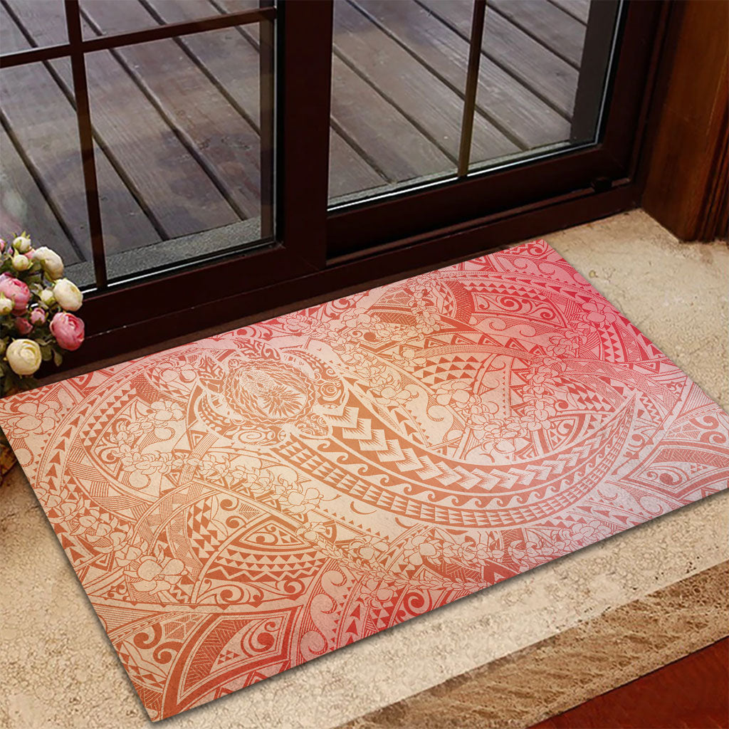 Hawaiian Turtles and Leis Rubber Doormat Tribal Kakau Pattern Peach Fuzz Color