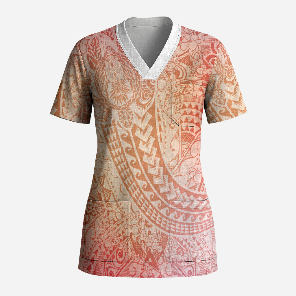 Hawaiian Turtles and Leis Scrub Top Tribal Kakau Pattern Peach Fuzz Color LT03 Adult Peach Fuzz - Polynesian Pride