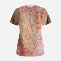 Hawaiian Turtles and Leis Scrub Top Tribal Kakau Pattern Peach Fuzz Color