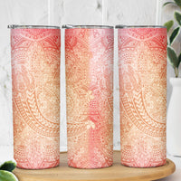 Hawaiian Turtles and Leis Skinny Tumbler Tribal Kakau Pattern Peach Fuzz Color