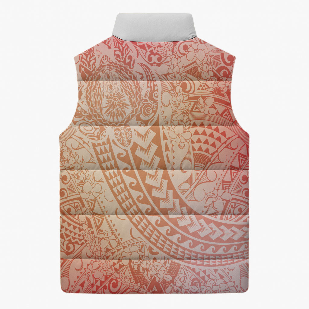 Hawaiian Turtles and Leis Sleeveless Puffer Jacket Tribal Kakau Pattern Peach Fuzz Color