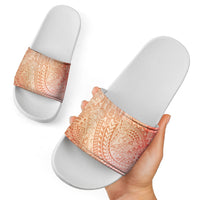 Hawaiian Turtles and Leis Slide Sandals Tribal Kakau Pattern Peach Fuzz Color