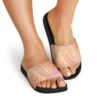 Hawaiian Turtles and Leis Slide Sandals Tribal Kakau Pattern Peach Fuzz Color