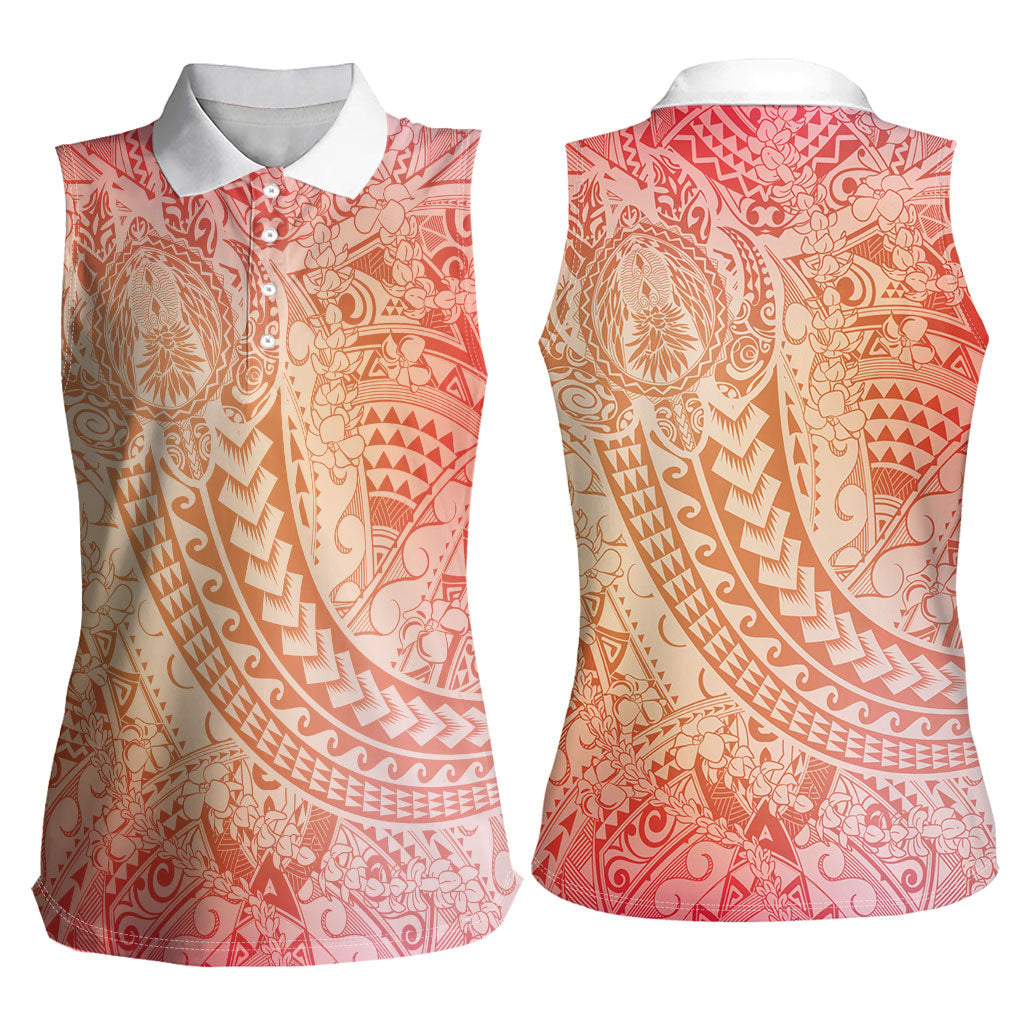 Hawaiian Turtles and Leis Women Sleeveless Polo Shirt Tribal Kakau Pattern Peach Fuzz Color