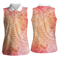 Hawaiian Turtles and Leis Women Sleeveless Polo Shirt Tribal Kakau Pattern Peach Fuzz Color