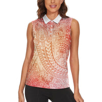 Hawaiian Turtles and Leis Women Sleeveless Polo Shirt Tribal Kakau Pattern Peach Fuzz Color