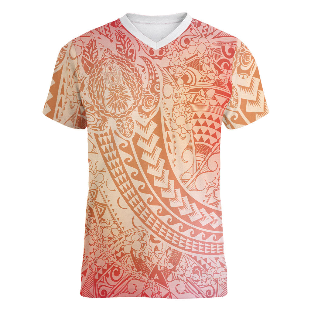 Hawaiian Turtles and Leis Women V-Neck T-Shirt Tribal Kakau Pattern Peach Fuzz Color