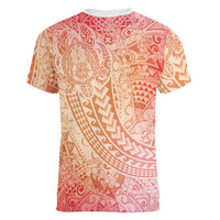 Hawaiian Turtles and Leis Women V-Neck T-Shirt Tribal Kakau Pattern Peach Fuzz Color