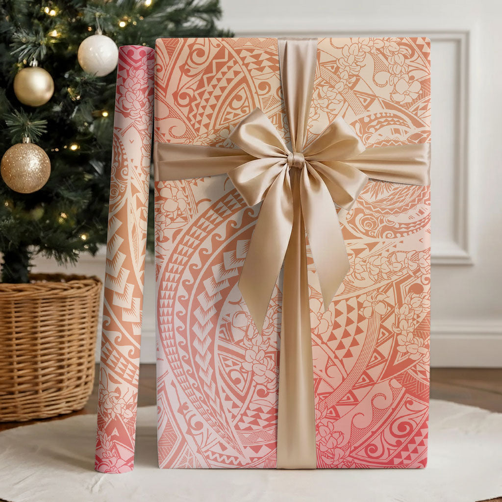 Hawaiian Turtles and Leis Wrapping Paper Tribal Kakau Pattern Peach Fuzz Color