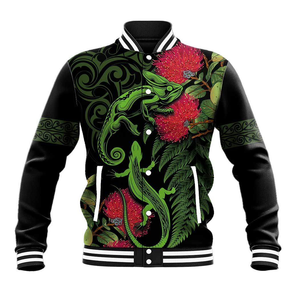 New Zealand Chameleon and Gecko Baseball Jacket Maori Silver Fern and Pohutukawa Decoration LT03 Unisex Green - Polynesian Pride