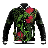 New Zealand Chameleon and Gecko Baseball Jacket Maori Silver Fern and Pohutukawa Decoration LT03 Unisex Green - Polynesian Pride