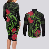 New Zealand Chameleon and Gecko Couples Matching Long Sleeve Bodycon Dress and Long Sleeve Button Shirt Maori Silver Fern and Pohutukawa Decoration LT03 - Polynesian Pride