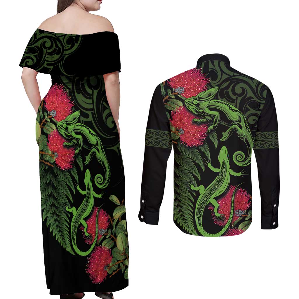 New Zealand Chameleon and Gecko Couples Matching Off Shoulder Maxi Dress and Long Sleeve Button Shirt Maori Silver Fern and Pohutukawa Decoration LT03 - Polynesian Pride