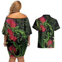 New Zealand Chameleon and Gecko Couples Matching Off Shoulder Short Dress and Hawaiian Shirt Maori Silver Fern and Pohutukawa Decoration LT03 - Polynesian Pride