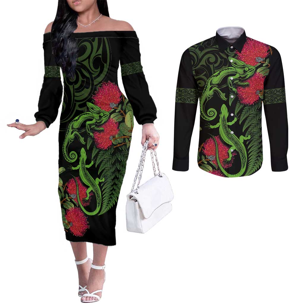 New Zealand Chameleon and Gecko Couples Matching Off The Shoulder Long Sleeve Dress and Long Sleeve Button Shirt Maori Silver Fern and Pohutukawa Decoration LT03 Green - Polynesian Pride