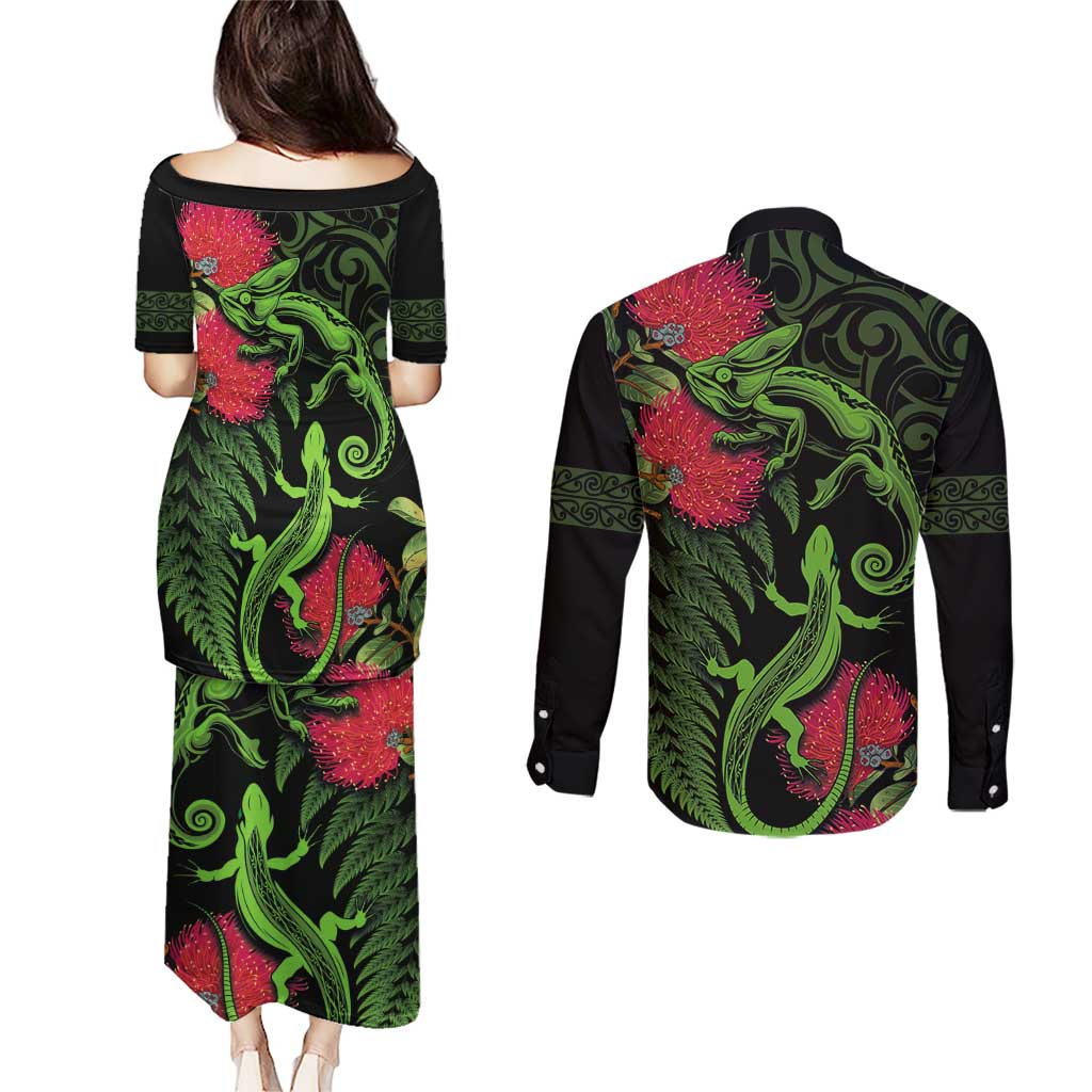 New Zealand Chameleon and Gecko Couples Matching Puletasi and Long Sleeve Button Shirt Maori Silver Fern and Pohutukawa Decoration LT03 - Polynesian Pride