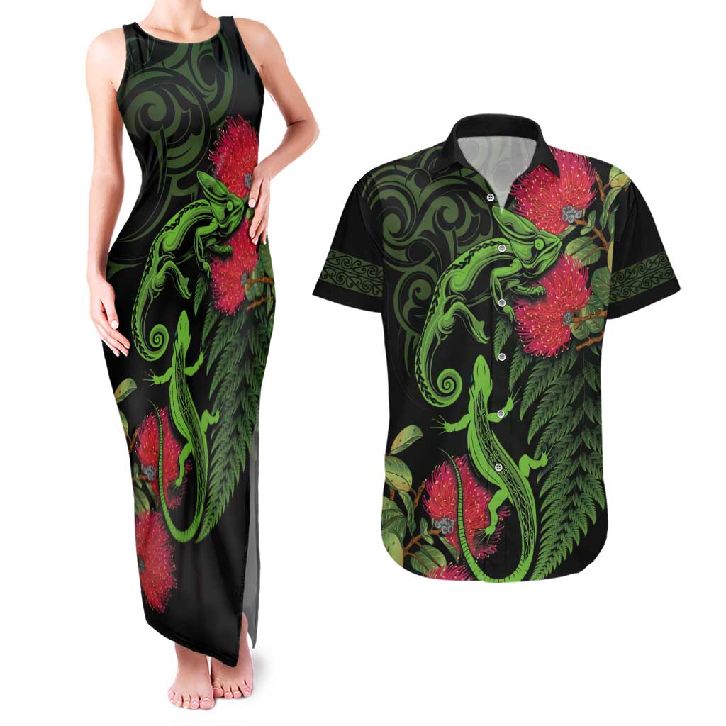 New Zealand Chameleon and Gecko Couples Matching Tank Maxi Dress and Hawaiian Shirt Maori Silver Fern and Pohutukawa Decoration LT03 Green - Polynesian Pride