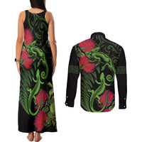 New Zealand Chameleon and Gecko Couples Matching Tank Maxi Dress and Long Sleeve Button Shirt Maori Silver Fern and Pohutukawa Decoration LT03 - Polynesian Pride