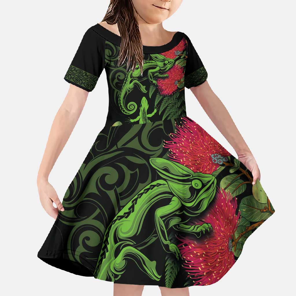 New Zealand Chameleon and Gecko Family Matching Mermaid Dress and Hawaiian Shirt Maori Silver Fern and Pohutukawa Decoration LT03 Daughter's Dress Green - Polynesian Pride