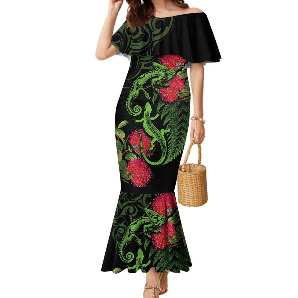 New Zealand Chameleon and Gecko Family Matching Mermaid Dress and Hawaiian Shirt Maori Silver Fern and Pohutukawa Decoration LT03 Mom's Dress Green - Polynesian Pride