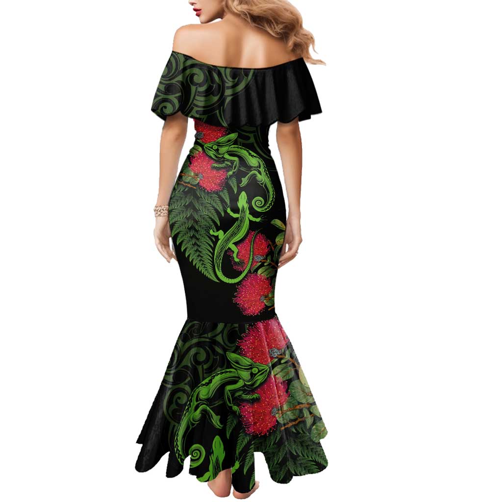 New Zealand Chameleon and Gecko Family Matching Mermaid Dress and Hawaiian Shirt Maori Silver Fern and Pohutukawa Decoration LT03 - Polynesian Pride