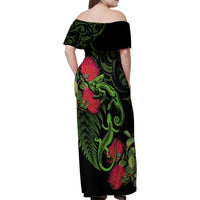 New Zealand Chameleon and Gecko Family Matching Off Shoulder Maxi Dress and Hawaiian Shirt Maori Silver Fern and Pohutukawa Decoration LT03 - Polynesian Pride