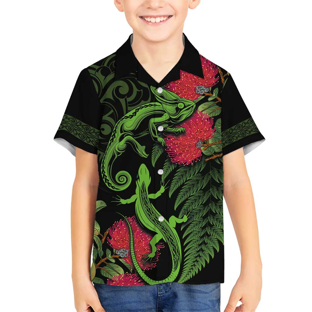 New Zealand Chameleon and Gecko Family Matching Off Shoulder Maxi Dress and Hawaiian Shirt Maori Silver Fern and Pohutukawa Decoration LT03 Son's Shirt Green - Polynesian Pride