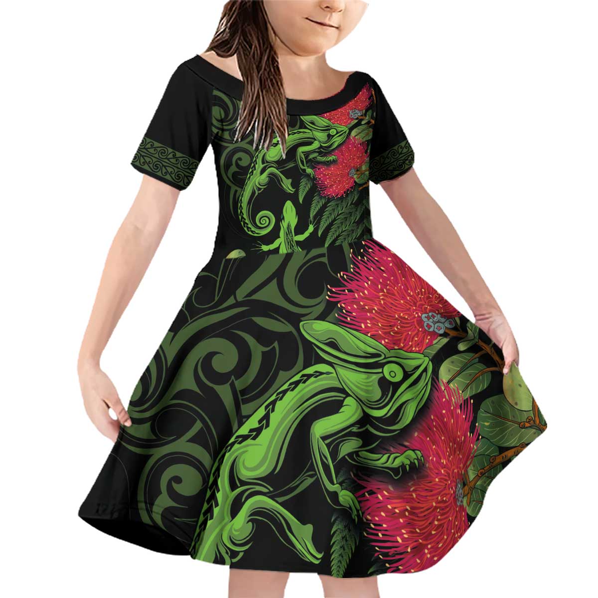 New Zealand Chameleon and Gecko Family Matching Off Shoulder Short Dress and Hawaiian Shirt Maori Silver Fern and Pohutukawa Decoration LT03 Daughter's Dress Green - Polynesian Pride