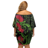 New Zealand Chameleon and Gecko Family Matching Off Shoulder Short Dress and Hawaiian Shirt Maori Silver Fern and Pohutukawa Decoration LT03 - Polynesian Pride