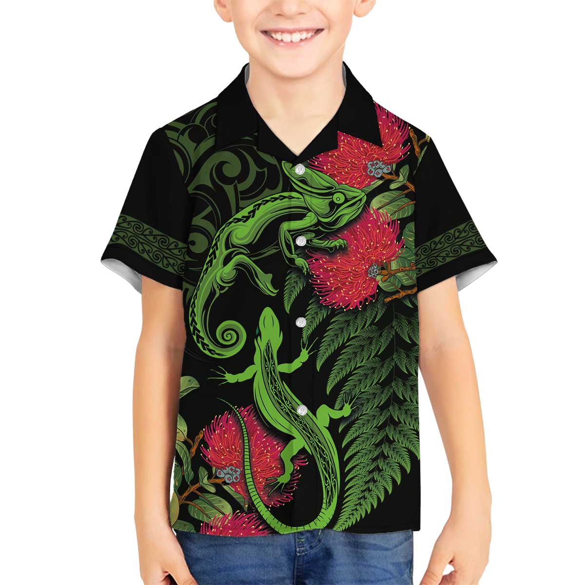 New Zealand Chameleon and Gecko Family Matching Puletasi and Hawaiian Shirt Maori Silver Fern and Pohutukawa Decoration LT03 Son's Shirt Green - Polynesian Pride