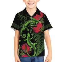 New Zealand Chameleon and Gecko Family Matching Puletasi and Hawaiian Shirt Maori Silver Fern and Pohutukawa Decoration LT03 Son's Shirt Green - Polynesian Pride