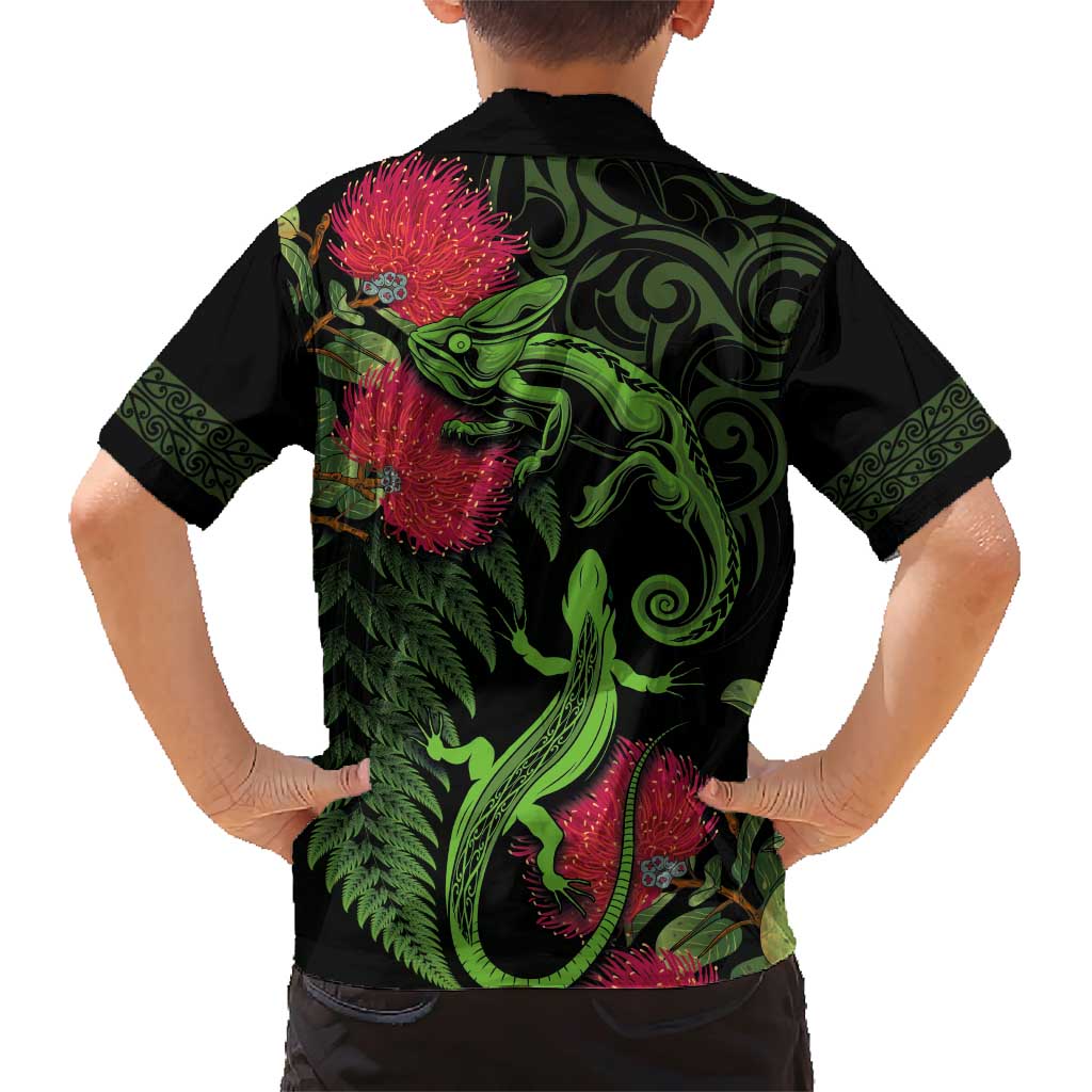 New Zealand Chameleon and Gecko Family Matching Short Sleeve Bodycon Dress and Hawaiian Shirt Maori Silver Fern and Pohutukawa Decoration LT03 - Polynesian Pride