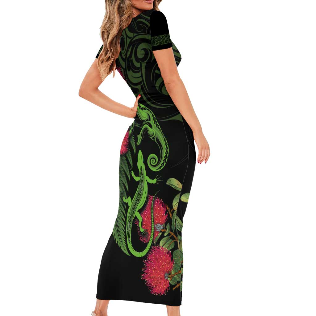 New Zealand Chameleon and Gecko Family Matching Short Sleeve Bodycon Dress and Hawaiian Shirt Maori Silver Fern and Pohutukawa Decoration LT03 - Polynesian Pride