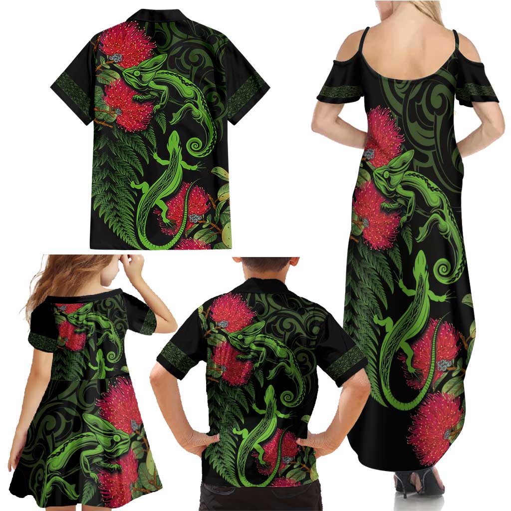New Zealand Chameleon and Gecko Family Matching Summer Maxi Dress and Hawaiian Shirt Maori Silver Fern and Pohutukawa Decoration LT03 - Polynesian Pride