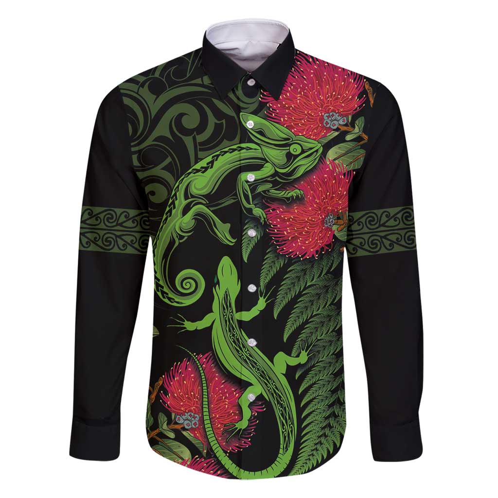 New Zealand Chameleon and Gecko Family Matching Summer Maxi Dress and Hawaiian Shirt Maori Silver Fern and Pohutukawa Decoration LT03 Dad's Shirt - Long Sleeve Green - Polynesian Pride