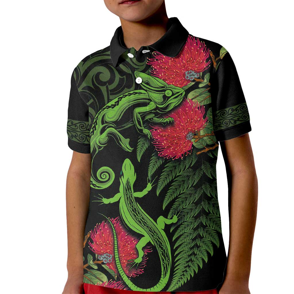 New Zealand Chameleon and Gecko Kid Polo Shirt Maori Silver Fern and Pohutukawa Decoration LT03 Kid Green - Polynesian Pride