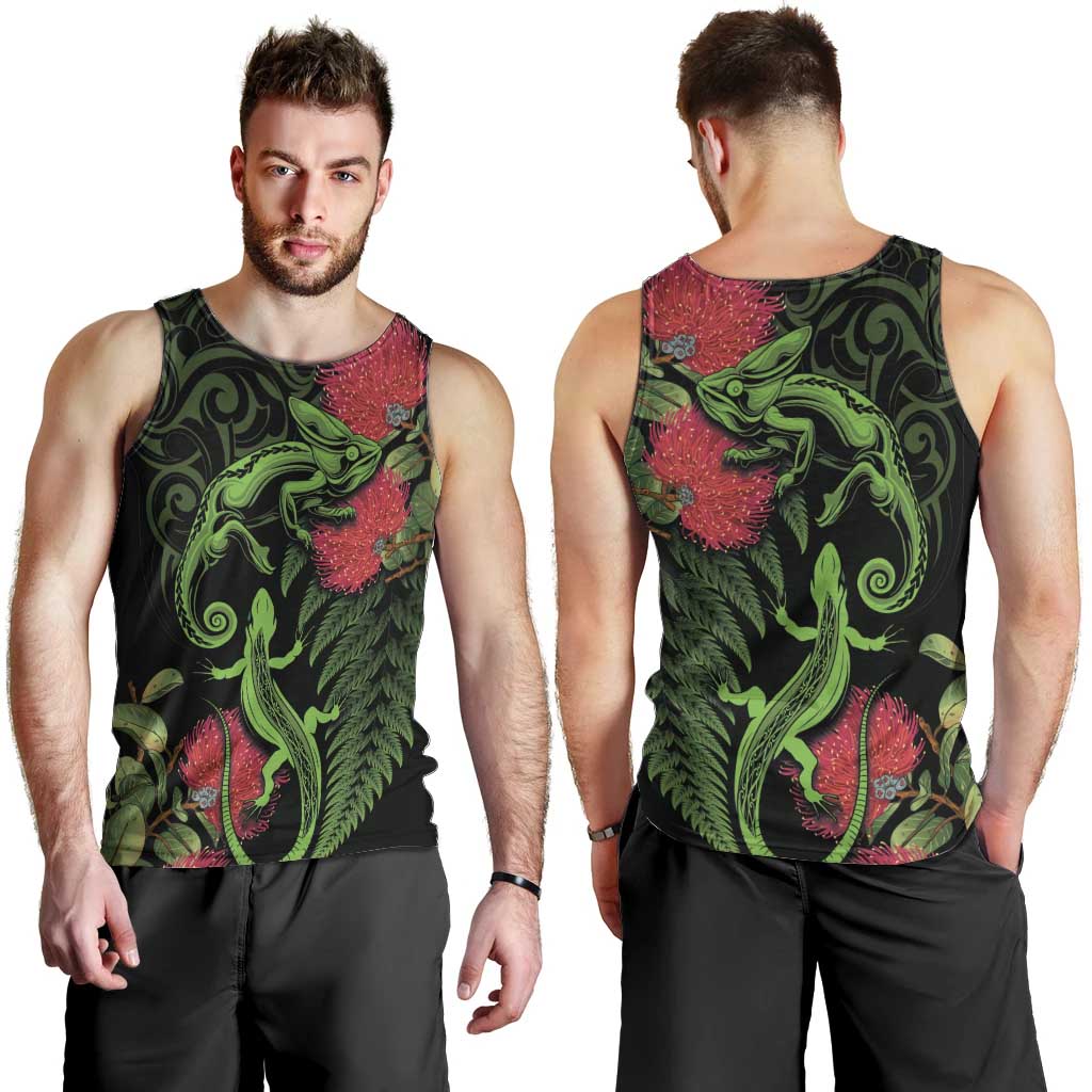 New Zealand Chameleon and Gecko Men Tank Top Maori Silver Fern and Pohutukawa Decoration