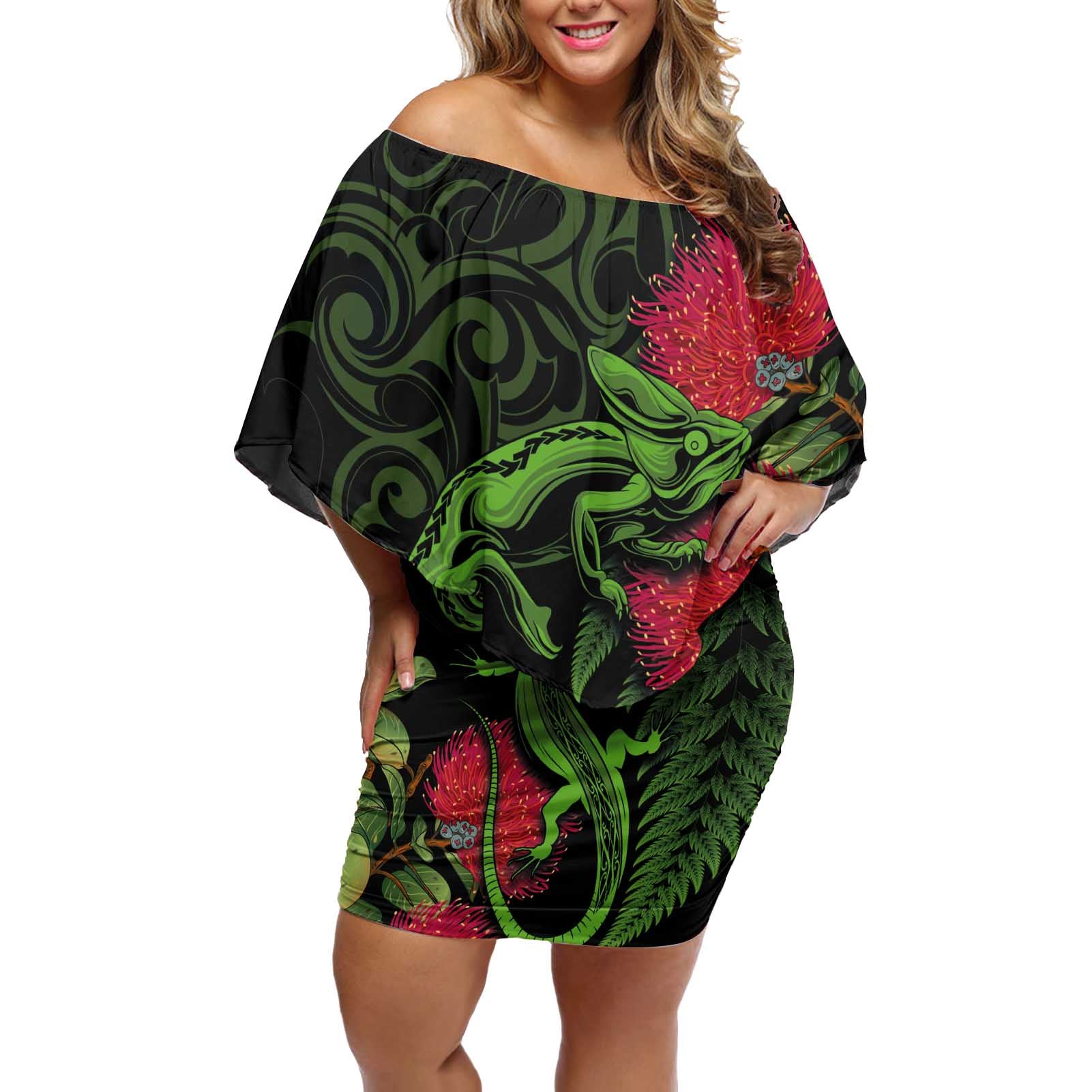 New Zealand Chameleon and Gecko Off Shoulder Short Dress Maori Silver Fern and Pohutukawa Decoration