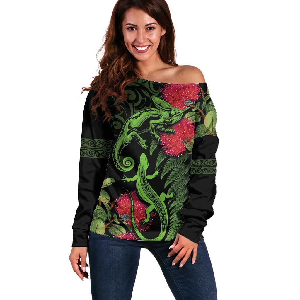 New Zealand Chameleon and Gecko Off Shoulder Sweater Maori Silver Fern and Pohutukawa Decoration