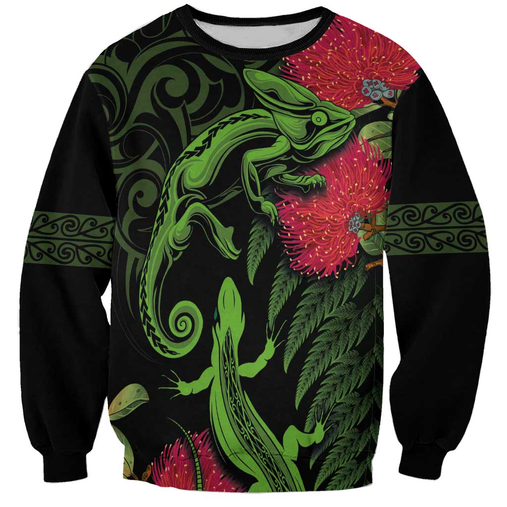 New Zealand Chameleon and Gecko Sweatshirt Maori Silver Fern and Pohutukawa Decoration LT03 Unisex Green - Polynesian Pride
