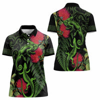New Zealand Chameleon and Gecko Women Polo Shirt Maori Silver Fern and Pohutukawa Decoration