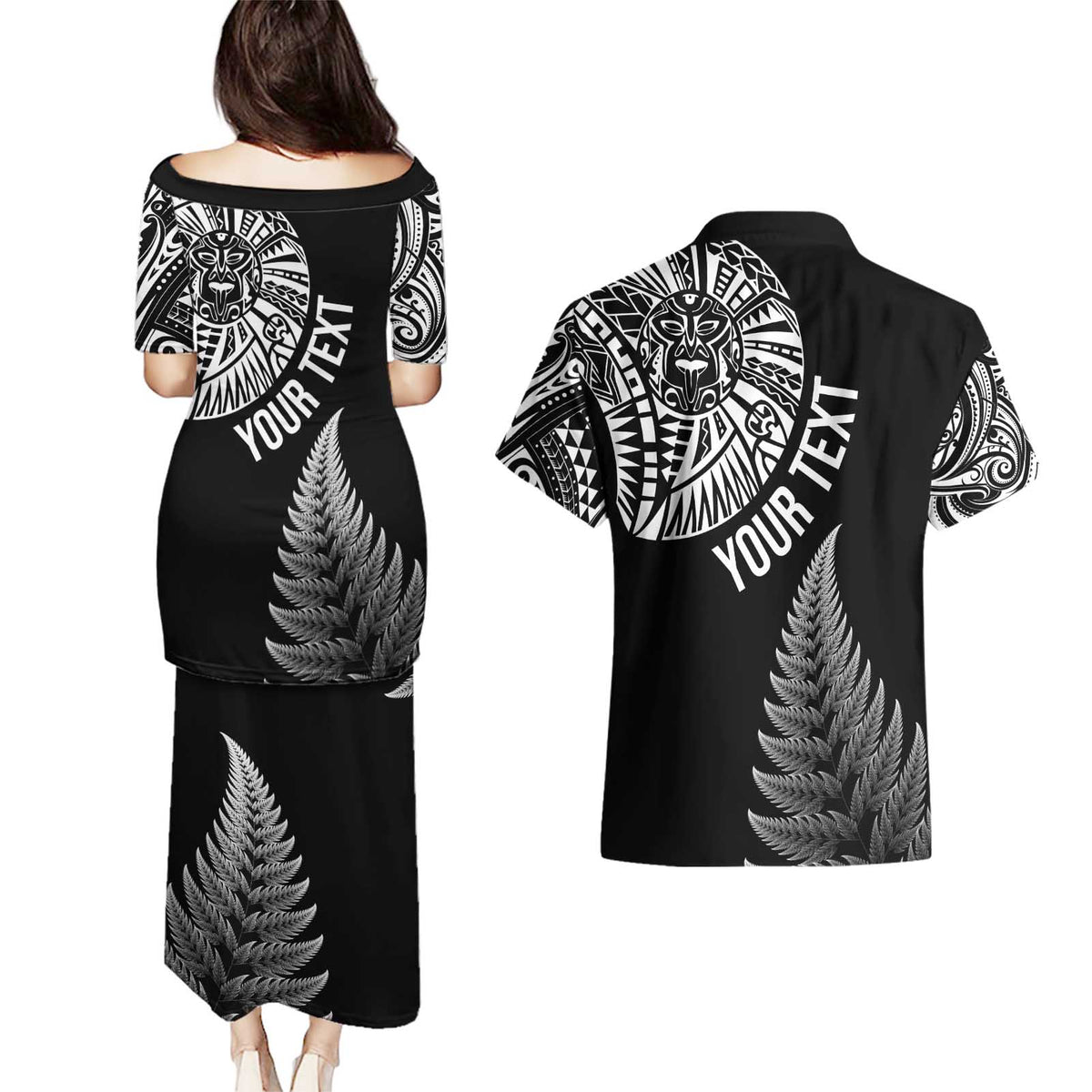 Personalised New Zealand Maori Art Tattoo and Silver Fern Couples Matching Puletasi and Hawaiian Shirt LT03 - Polynesian Pride