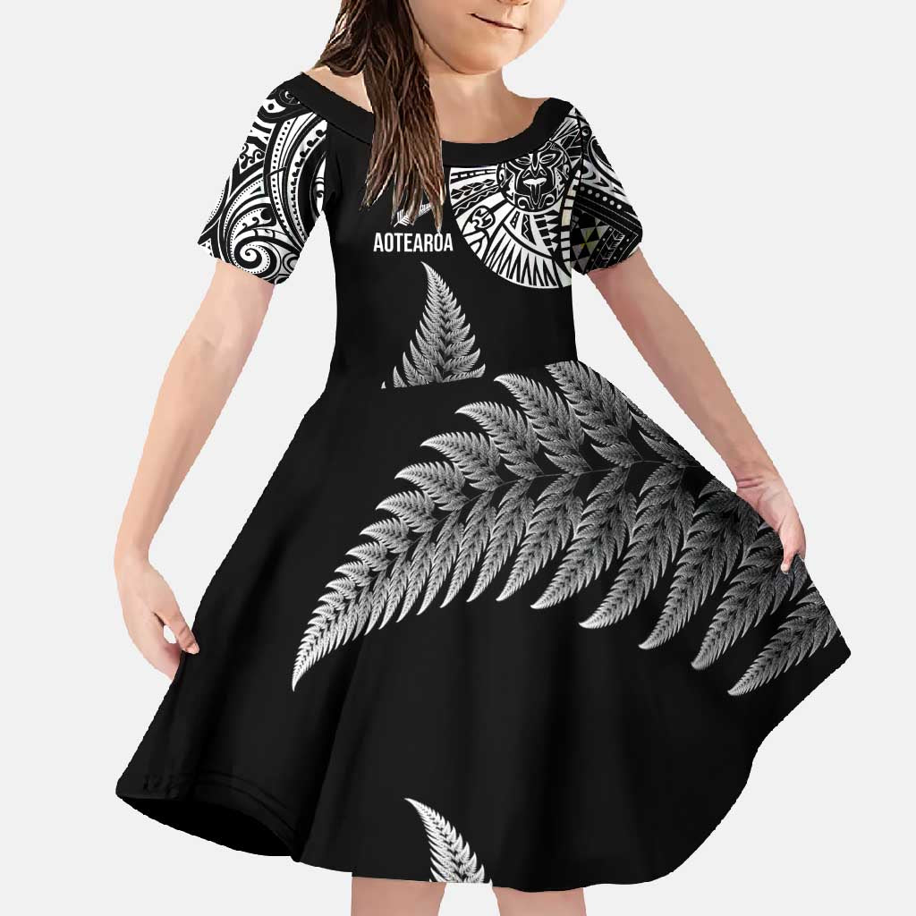 Personalised New Zealand Maori Art Tattoo and Silver Fern Family Matching Mermaid Dress and Hawaiian Shirt LT03 Daughter's Dress Black - Polynesian Pride
