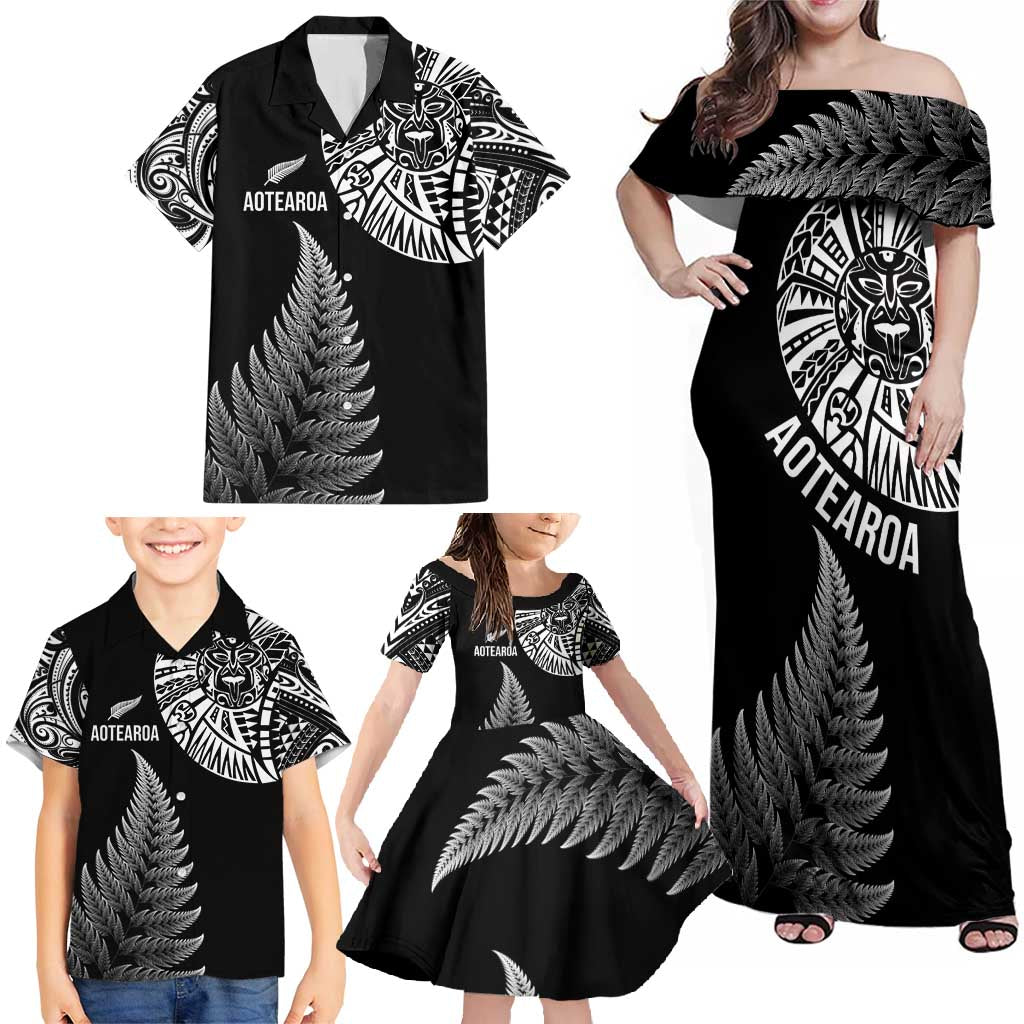 Personalised New Zealand Maori Art Tattoo and Silver Fern Family Matching Off Shoulder Maxi Dress and Hawaiian Shirt LT03 - Polynesian Pride