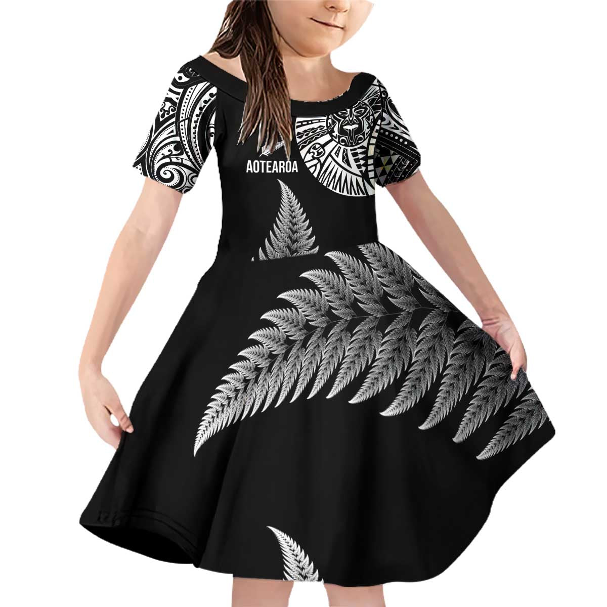 Personalised New Zealand Maori Art Tattoo and Silver Fern Family Matching Off Shoulder Short Dress and Hawaiian Shirt LT03 Daughter's Dress Black - Polynesian Pride