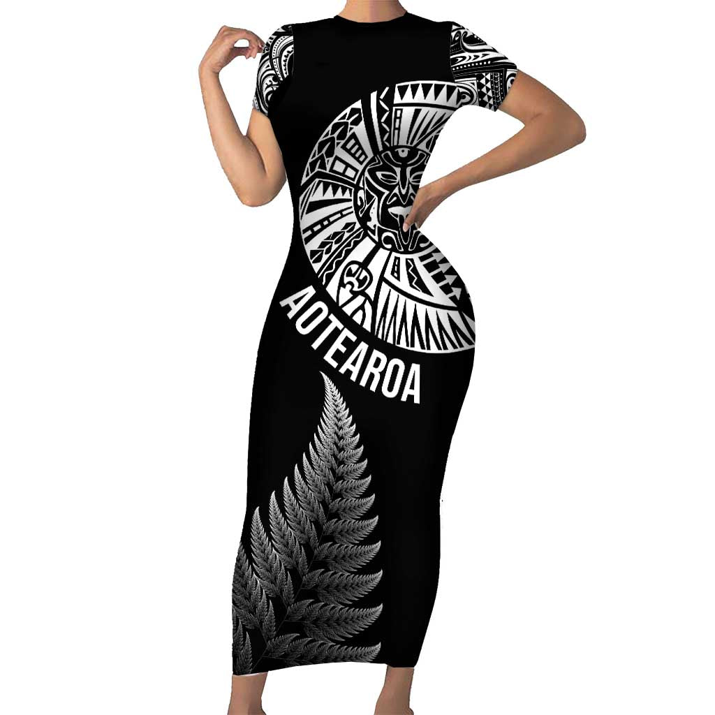 Personalised New Zealand Maori Art Tattoo and Silver Fern Family Matching Short Sleeve Bodycon Dress and Hawaiian Shirt LT03 Mom's Dress Black - Polynesian Pride