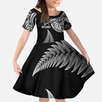 Personalised New Zealand Maori Art Tattoo and Silver Fern Family Matching Summer Maxi Dress and Hawaiian Shirt LT03 Daughter's Dress Black - Polynesian Pride